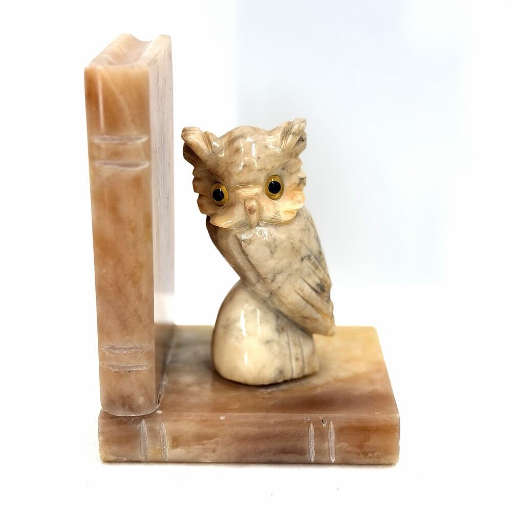 Vintage Hand Carved Alabaster Marble Owl Bookend Glass Eyes Made In Italy - Picture 9 of 12